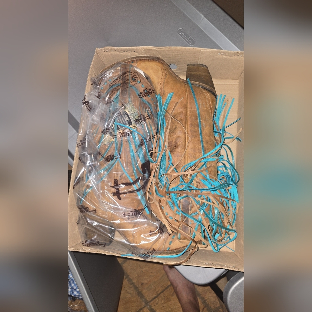 Tan and Blue Fringe Corral Boots